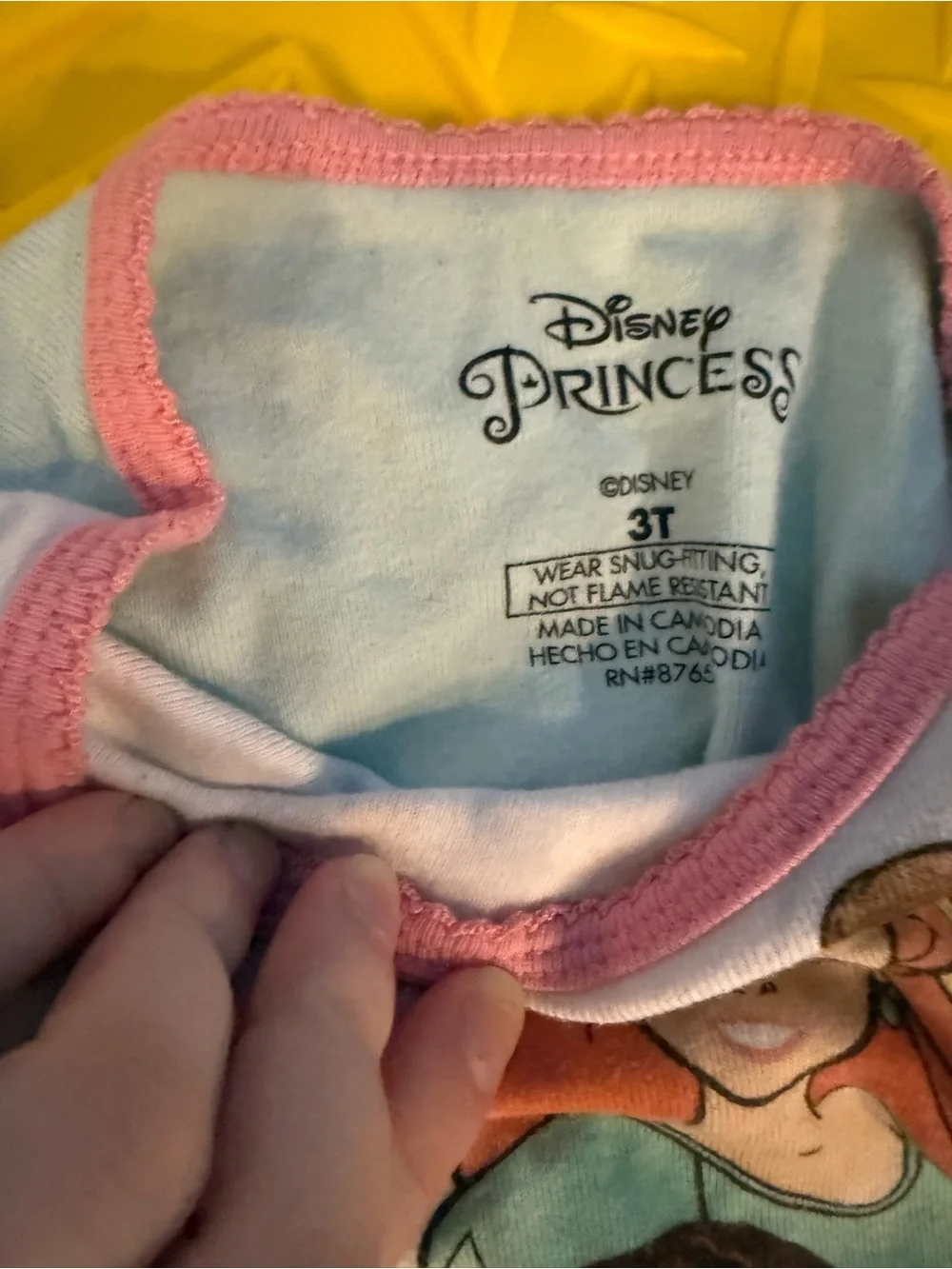 Disney Girls' Light Blue Long Sleeve Top with Princess Print and Pink Trim